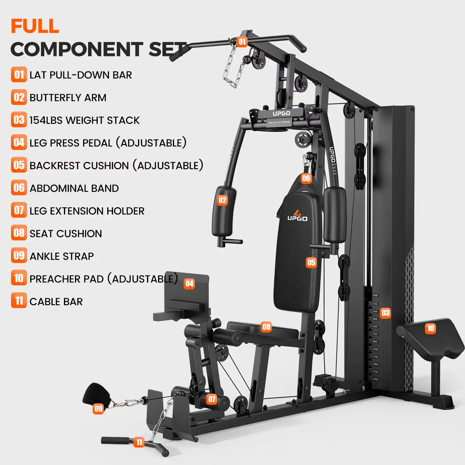 FULL COMPONENT SET

01 LAT PULL-DOWN BAR
02 BUTTERFLY ARM
03 154LBS WEIGHT STACK
04 LEG PRESS PEDAL (ADJUSTABLE)
05 BACKREST CUSHION (ADJUSTABLE)
06 ABDOMINAL BAND
07 LEG EXTENSION HOLDER
08 SEAT CUSHION
09 ANKLE STRAP
10 PREACHER PAD (ADJUSTABLE)
11 CABLE BAR