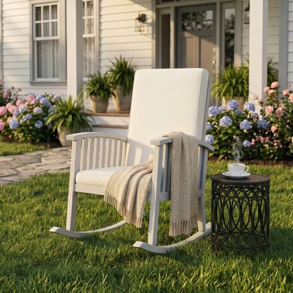 Front. Whisen - Outdoor Acacia Wood Rocking Chair with Cushioned Back and Seat,Rustic Porch Chair - Ivory.
