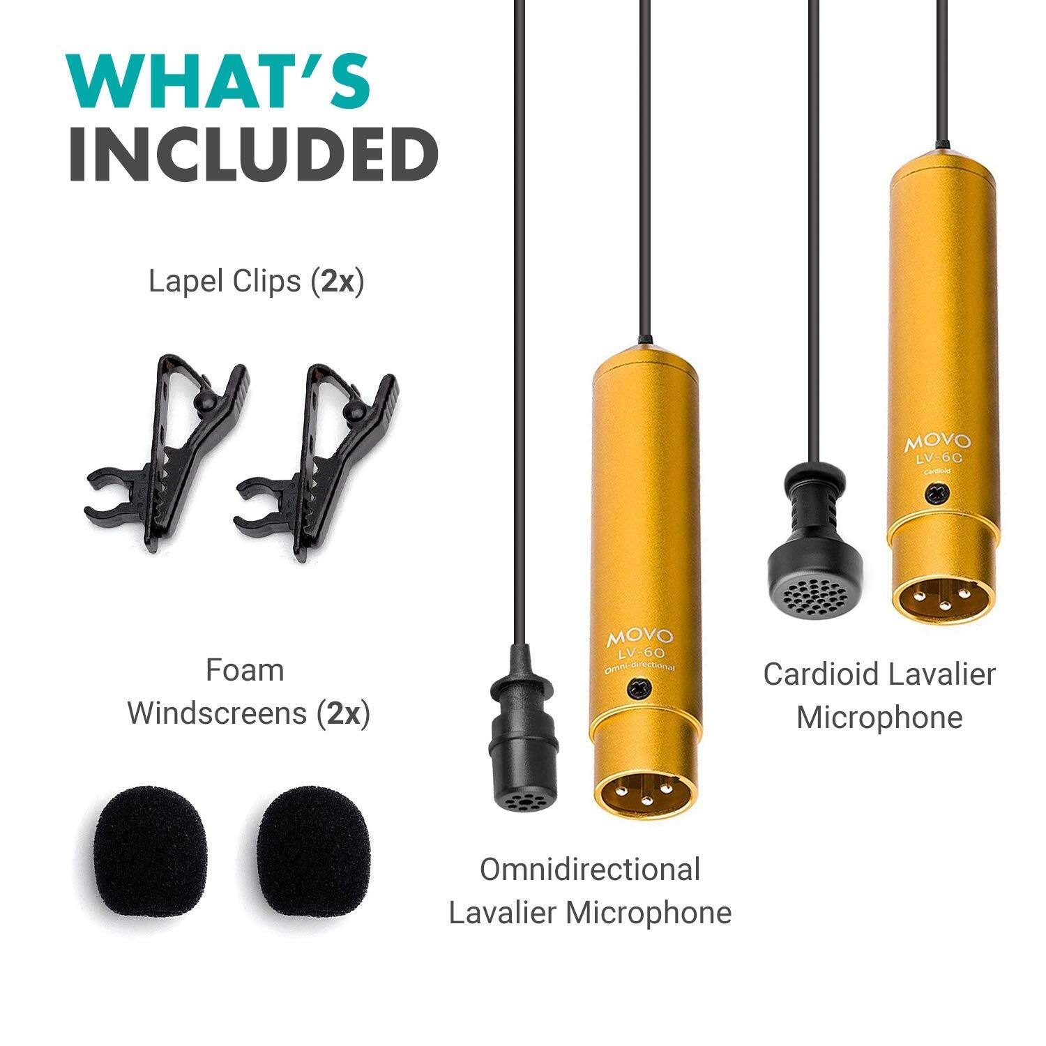 WHAT'S INCLUDED

- Lapel Clips (2x)
- Foam Windscreens (2x)
- Omnidirectional Lavalier Microphone
- Cardioid Lavalier Microphone