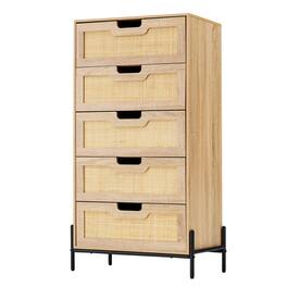 GARVEE - Oak 5-Drawer Wicker Pattern Chest, Natural Storage for Living Room or Bedroom, Modern Wooden Organizer - Wood Color