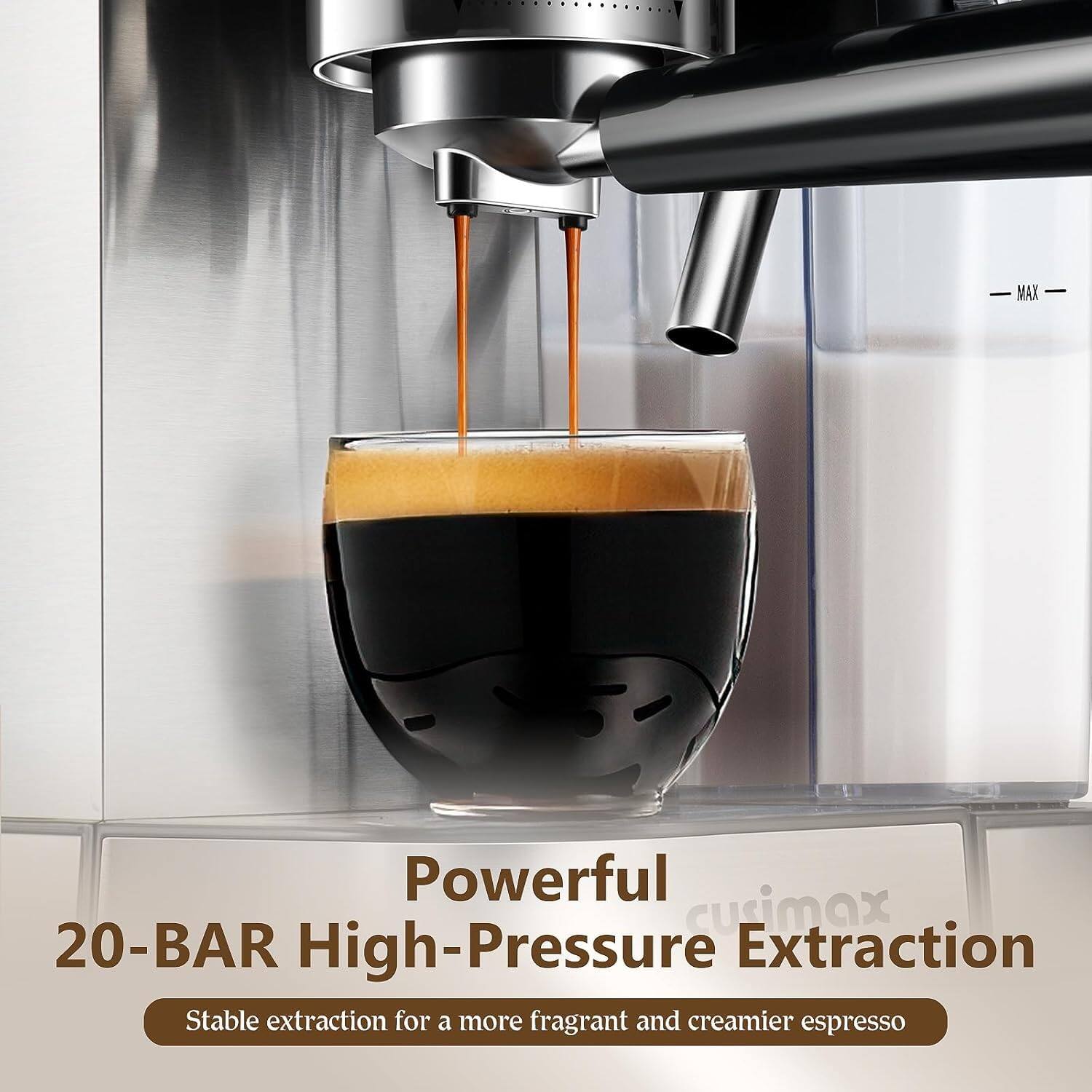 Powerful 20-BAR High-Pressure Extraction  
Stable extraction for a more fragrant and creamier espresso