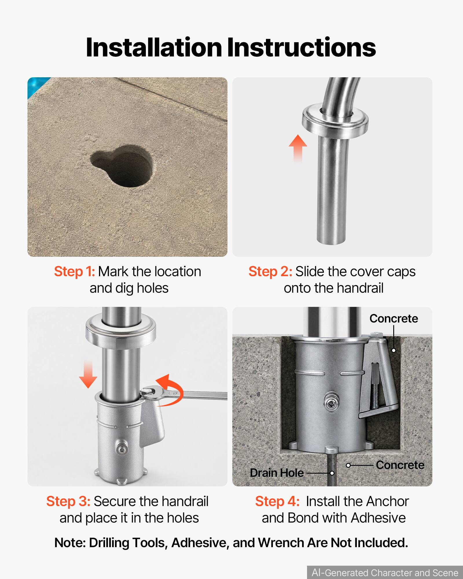 Installation Instructions

Step 1: Mark the location and dig holes

Step 2: Slide the cover caps onto the handrail

Step 3: Secure the handrail and place it in the holes

Step 4: Install the Anchor and Bond with Adhesive

Note: Drilling Tools, Adhesive, and Wrench Are Not Included.

AI-Generated Character and Scene