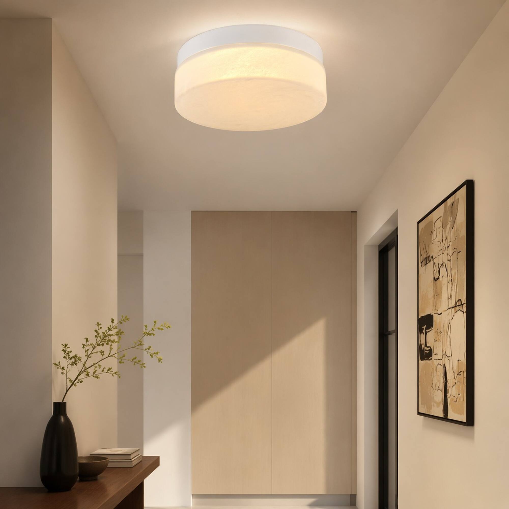 Back. RYHNUYNE - 12 Inch 24W Round LED Flush Mount Ceiling Light, Low Profile Slim White Fixture for Bedroom, Living Room, Dining Room.