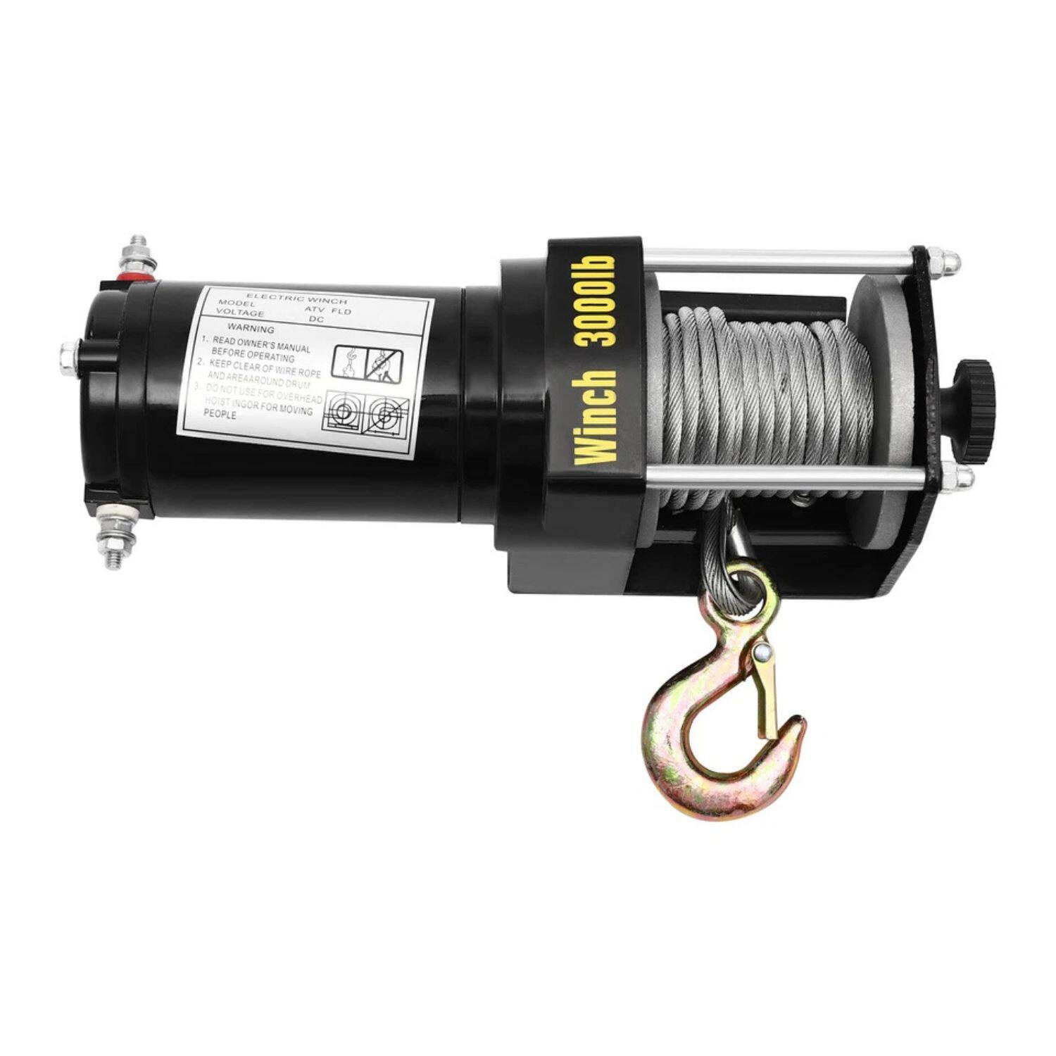ELECTRIC WINCH  
MODEL: DC 3000LB  

WARNING  
1. READ OWNER'S MANUAL BEFORE OPERATING  
2. KEEP CLEAR OF WIRE ROPE AREA AROUND DRUM  
3. DO NOT USE FOR OVERHEAD HOIST  
4. DO NOT USE FOR MOVING PEOPLE  

Winch 3000lb
