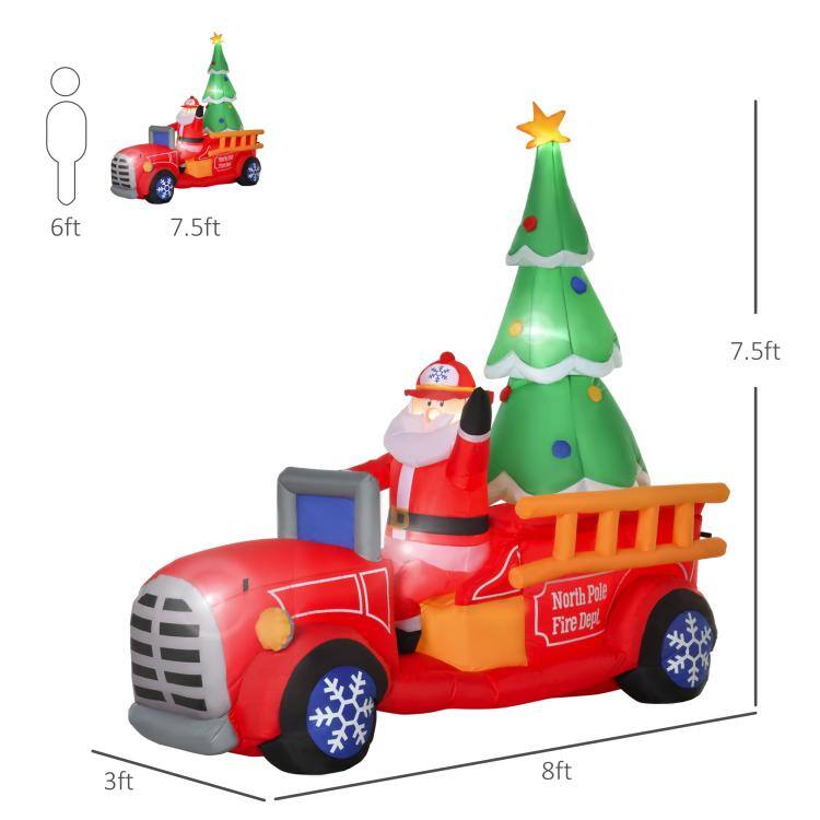 PULUZ 7.5ft Christmas Inflatable Santa Claus Driving a Fire Truck with ...