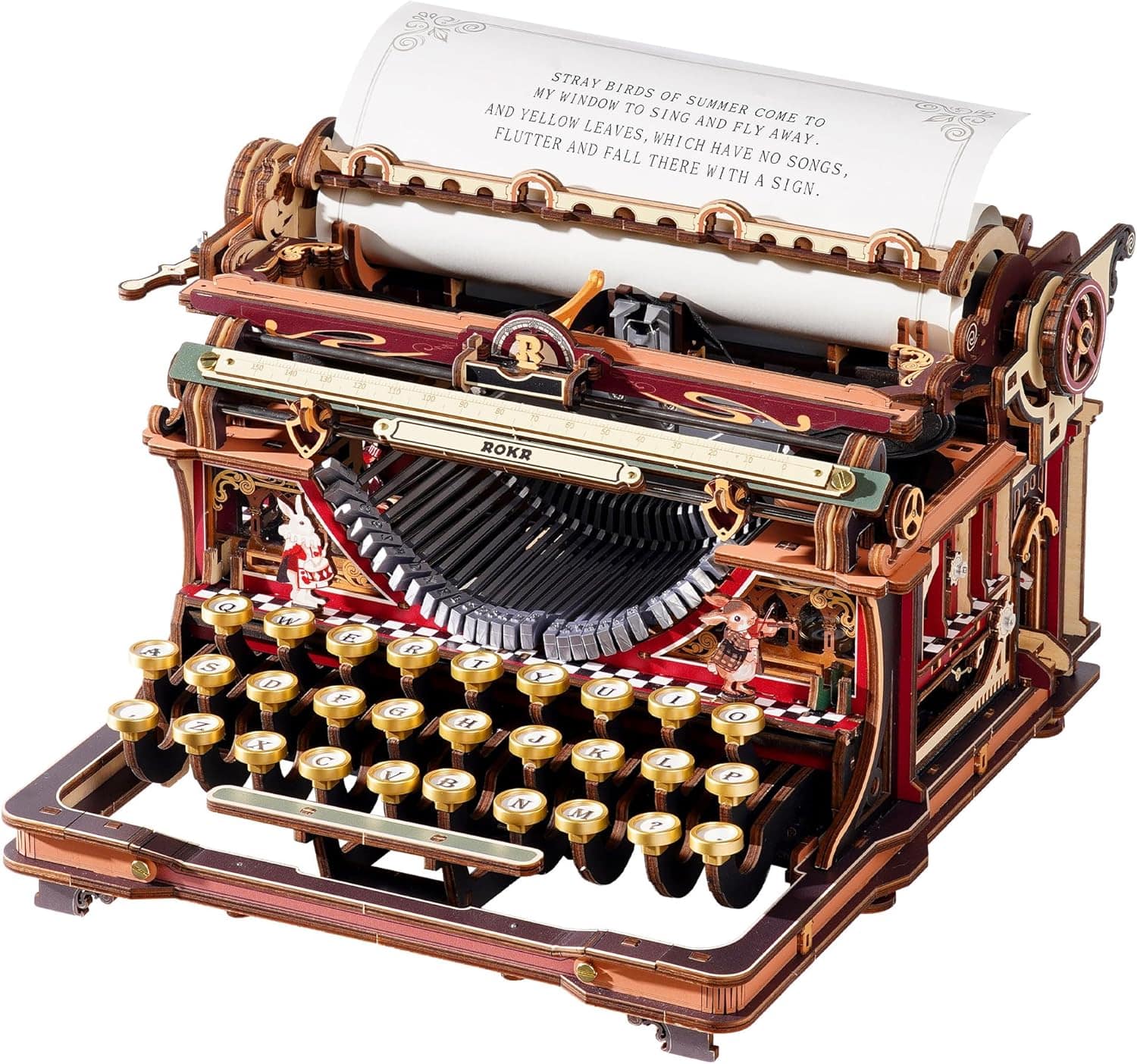 Robotime - ROKR Mechanical Typewriter 3D Wooden Puzzle for Adults- Vintage Model Kit, No Glue, 324 PCS, 12H Assembly, Magic Version - Brown