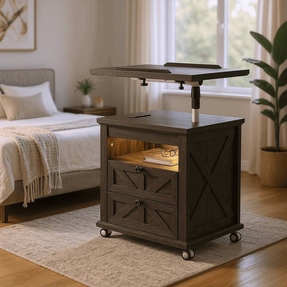 Alt View 7. Kadyn - Kadyn Lift Top Desk Cart, Mobile Rolling Table, Wood Storage Cabinet with Drawers, Height Utility Cart, Dark Wood Grain - Gray.