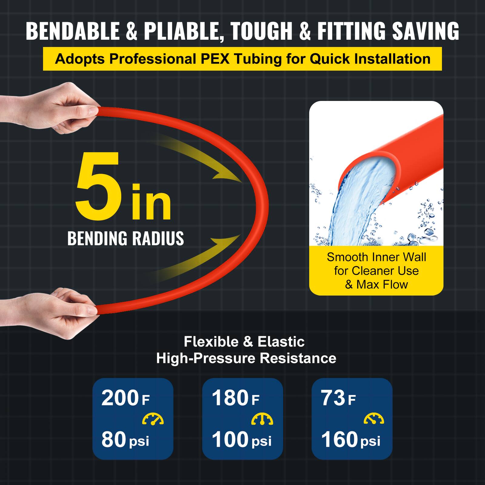 BENDABLE & PLIABLE, TOUGH & FITTING SAVING  
Adopts Professional PEX Tubing for Quick Installation  

5 in BENDING RADIUS  

Smooth Inner Wall for Cleaner Use & Max Flow  

Flexible & Elastic High-Pressure Resistance  

200°F 80 psi  
180°F 100 psi  
73°F 160 psi
