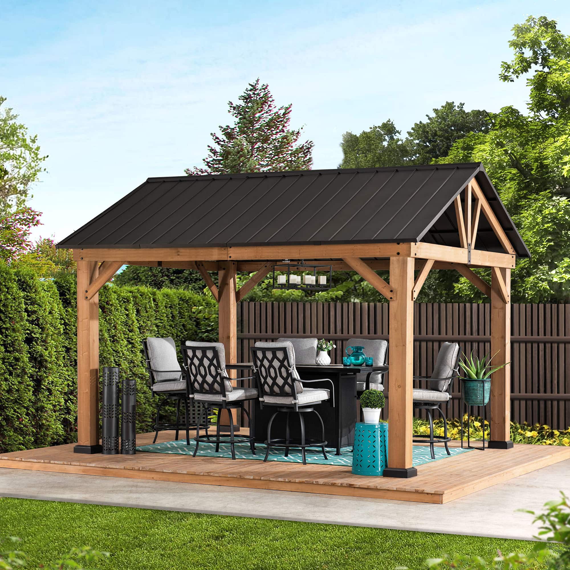 SUNJOY - 11 ft. x 13 ft. Cedar Framed Gazebo with Matte-Black Steel Gable Hard Top Roof price history on PriceWatchPro