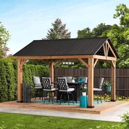SUNJOY - 11 ft. x 13 ft. Cedar Framed Gazebo with Matte-Black Steel Gable Hard Top Roof