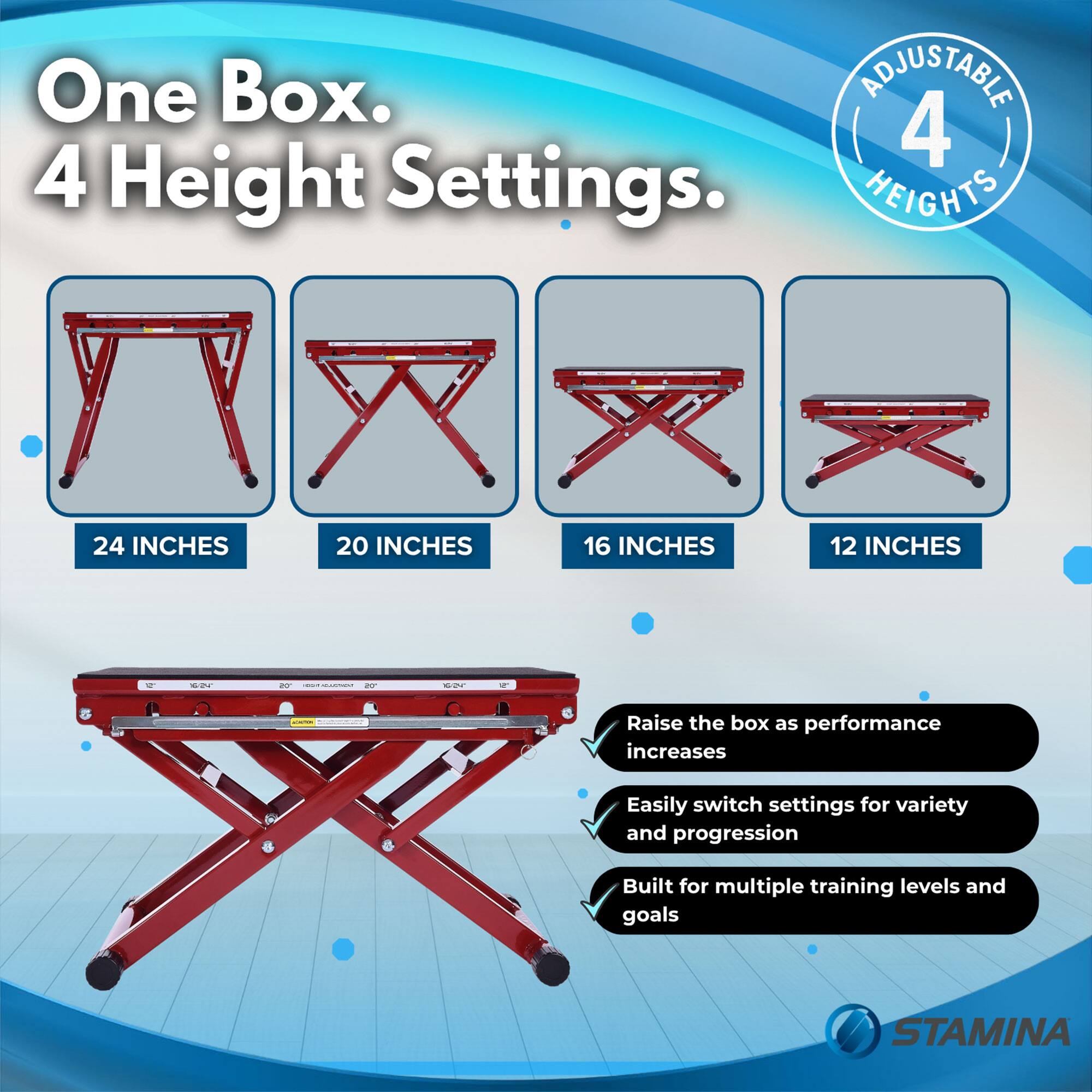 One Box.  
4 Height Settings.  

ADJUSTABLE 4 HEIGHTS  

24 INCHES  
20 INCHES  
16 INCHES  
12 INCHES  

Raise the box as performance increases  
Easily switch settings for variety and progression  
Built for multiple training levels and goals  

STAMINA