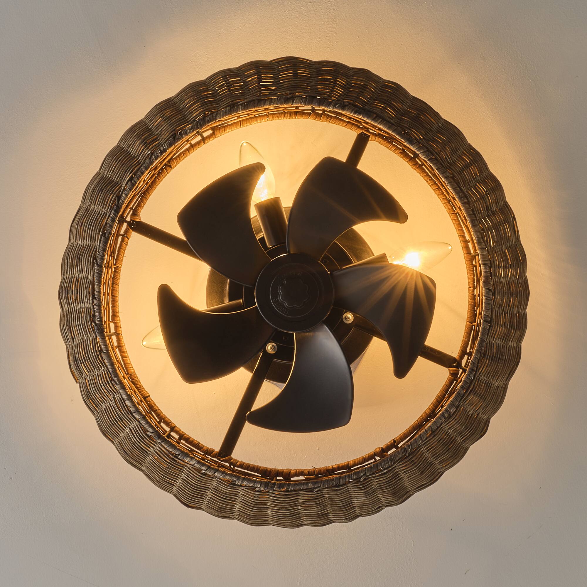 Alt View 1. Vaczon - 20" Boho Rattan Caged Ceiling Fan with Light and Remote, 6-Speed Reversible Blades, Low-Profile Flush Mount Ceiling Fan - Espresso Rattan.