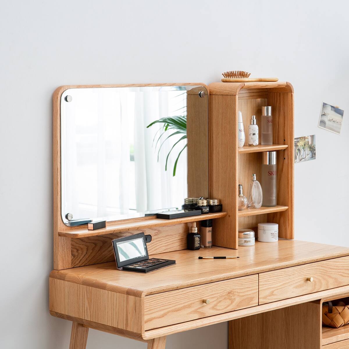 Alt View 2. Loheer - Loheer Solid Oak Makeup Vanity Adjustable Width Table with Mirror - Oak.
