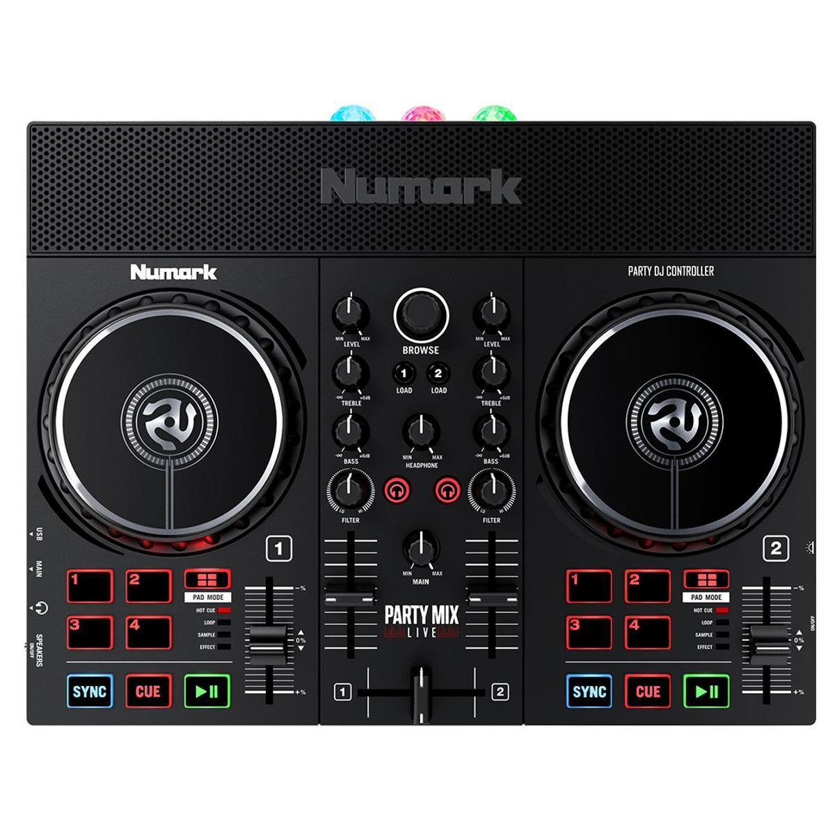 Numark PARTY DJ CONTROLLER I

- LEVEL
- BROWSE 1 2
- LOAD
- TREBLE
- BASS
- SPEAKERS
- SYNC
- CUE
- PAD MODE
- FILTER
- MAIN
- PARTY MIX LIVE