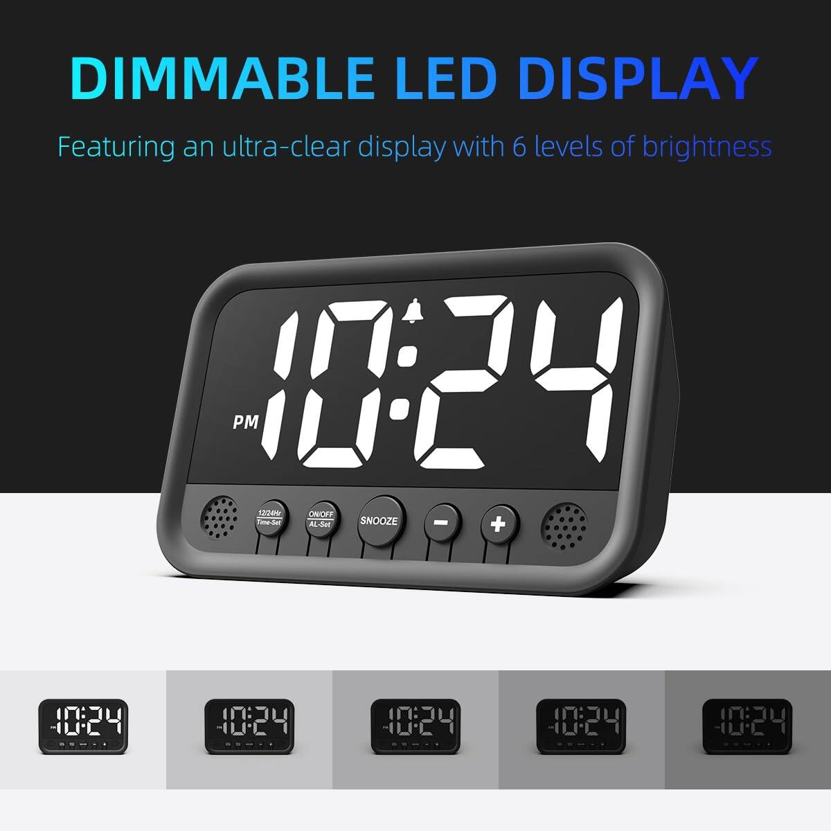 DIMMABLE LED DISPLAY  
Featuring an ultra-clear display with 6 levels of brightness  

PM 10:24  

1220 ON/OFF AL-SET SNOOZE - +  

10:24  
10:24  
10:24  
10:24  
10:24