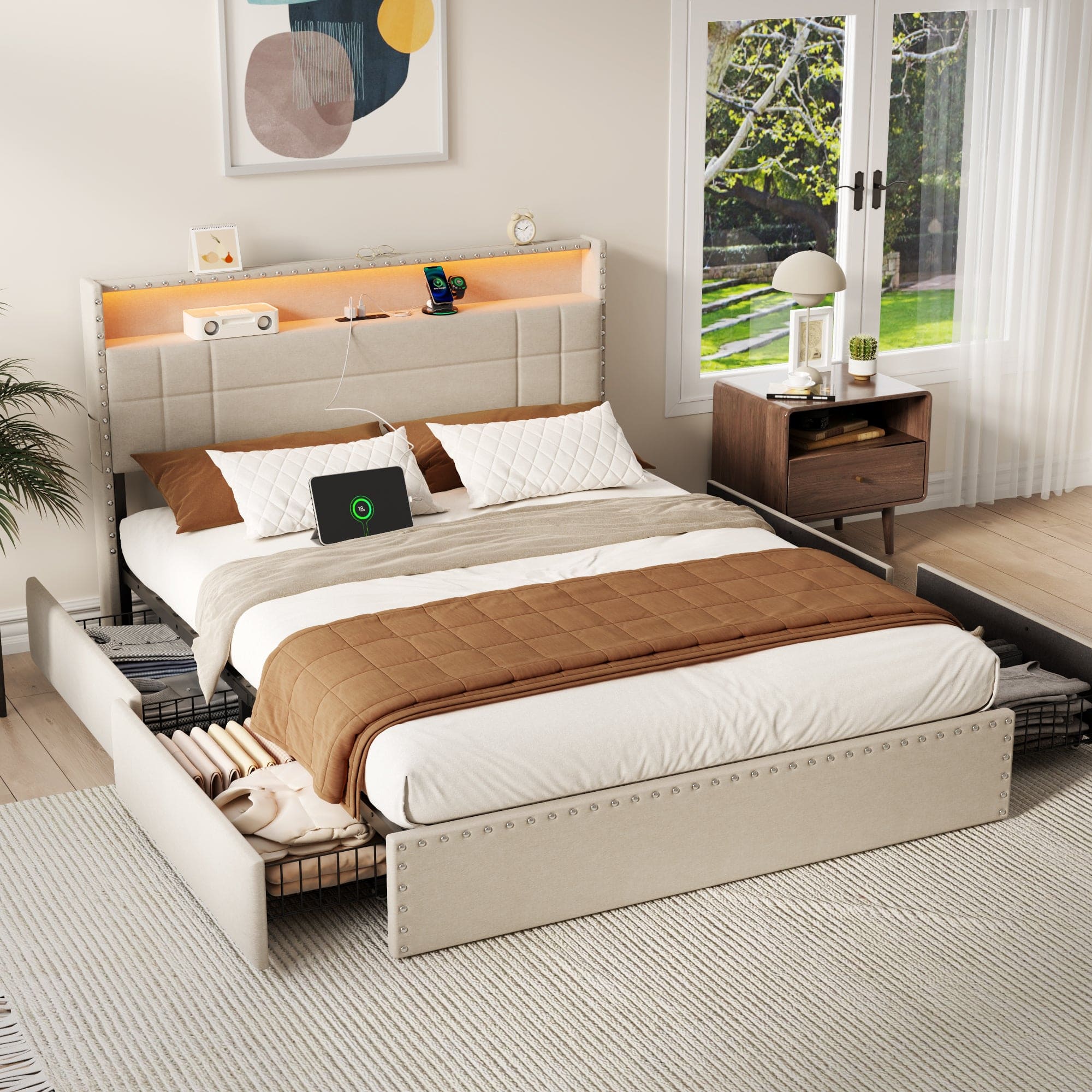 Front. Furnulem - Moden Bed Frame with Charging Station LED Lights Storage Drawers Upholstered Headboard No Box Spring Needed - Beige.