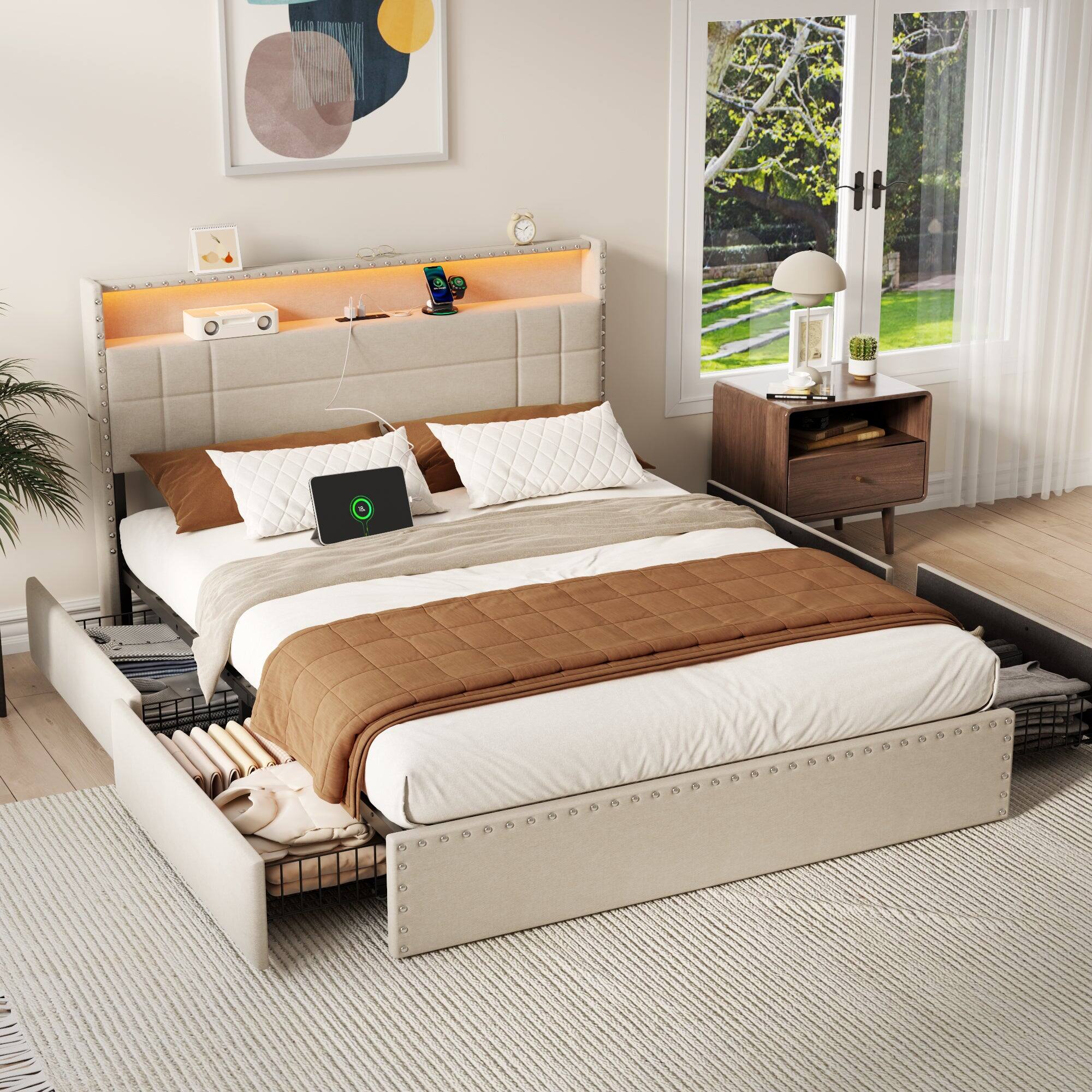 Front. Furnulem - Platform Bed Frame with 4 Underbed Drawers & Open Storage Headboard LED Light & Charging Station - Beige.