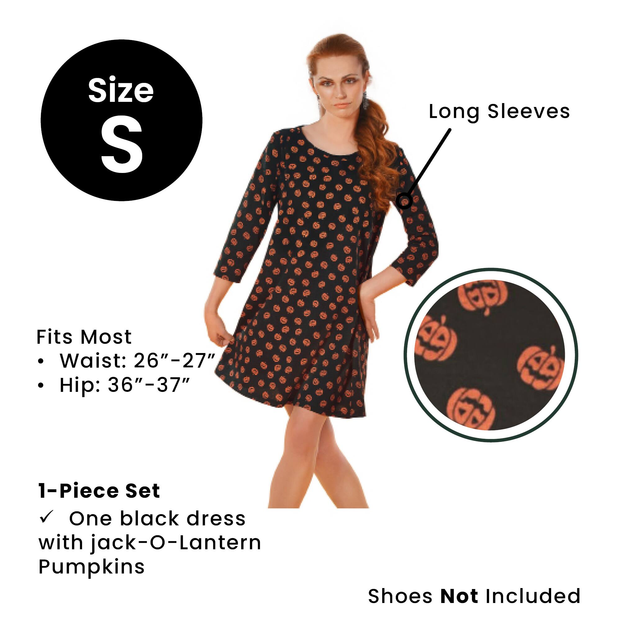 Size S  
Long Sleeves  

Fits Most  
- Waist: 26"–27"  
- Hip: 36"–37"  

1-Piece Set  
✓ One black dress with jack-O-Lantern Pumpkins  

Shoes Not Included