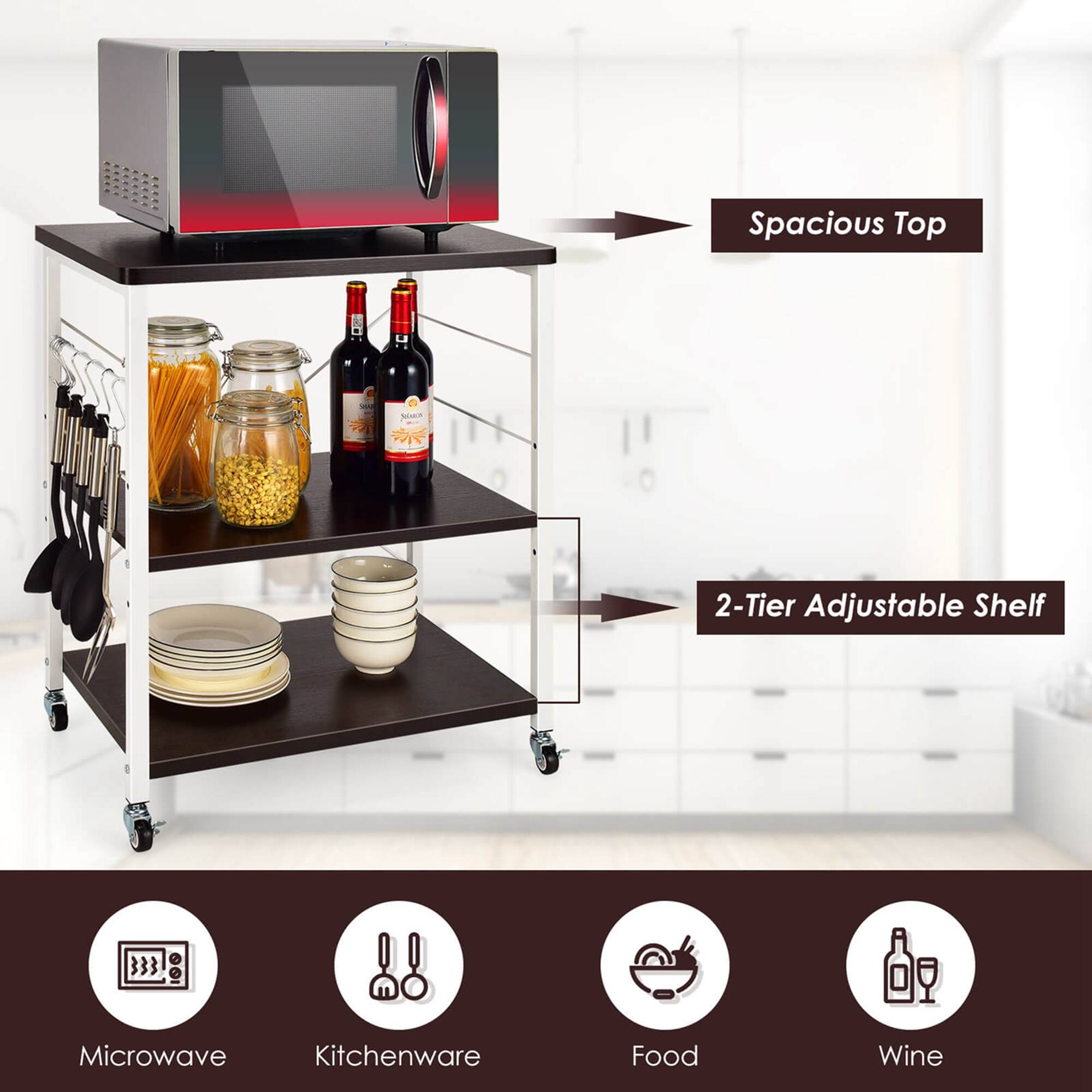 Spacious Top 2-Tier Adjustable Shelf

- Microwave
- Kitchenware
- Food
- Wine