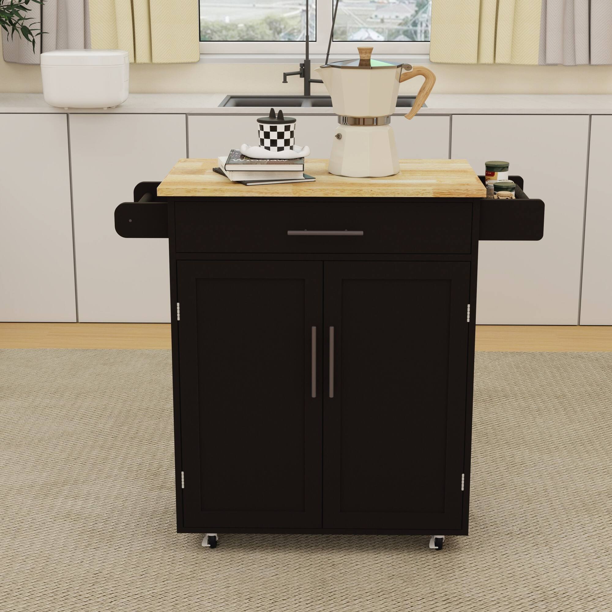 Alt View 5. ELEMENT ACE - Versatile Kitchen Island Cart with Adjustable Shelves, Drawer, Doors, Towel Rack, and Seasoning Rack - Black.