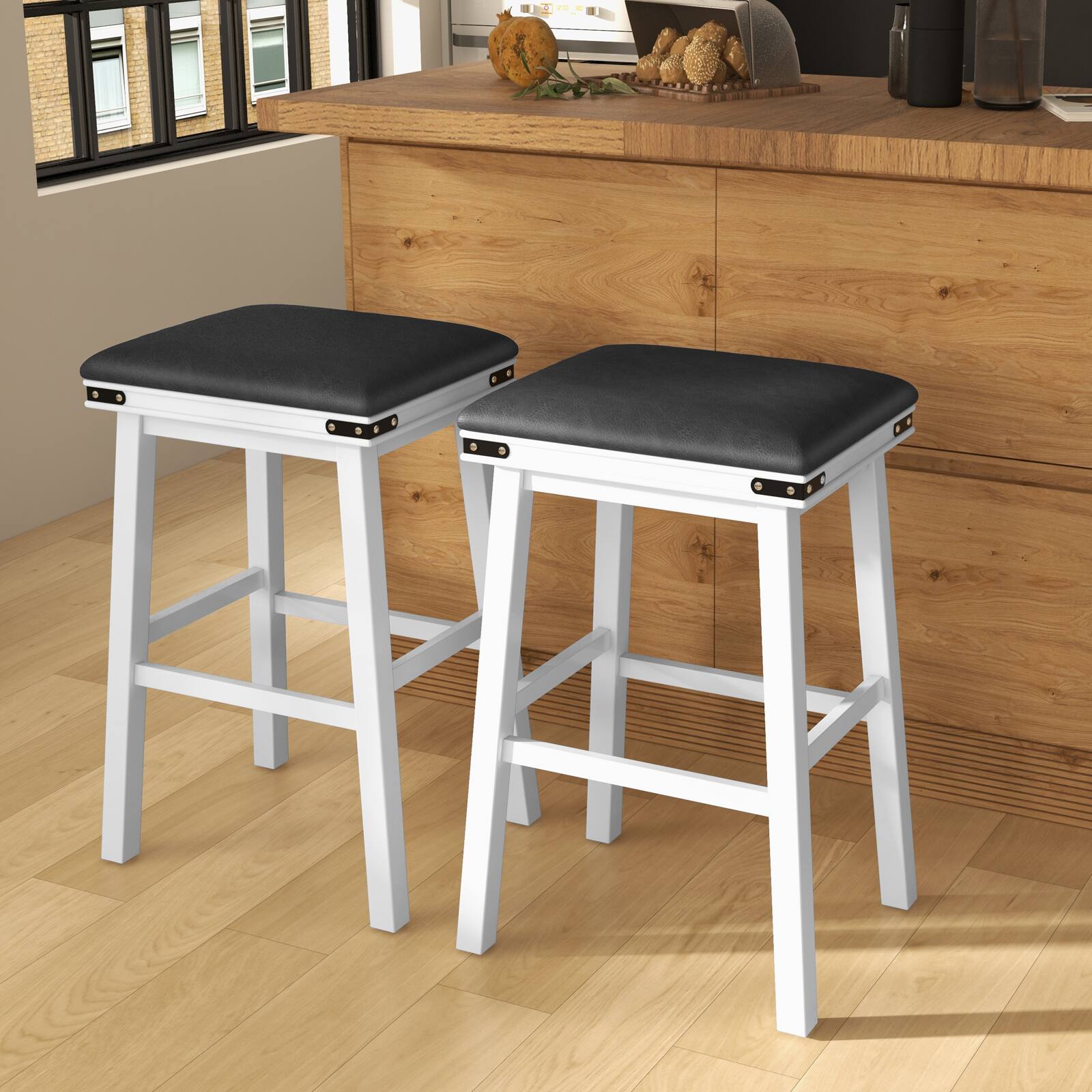 Alt View 9. Ecooso - Counter Height Bar Stools Set of 2, 30 Inch Acacia Wood Frame with Footrest - White.