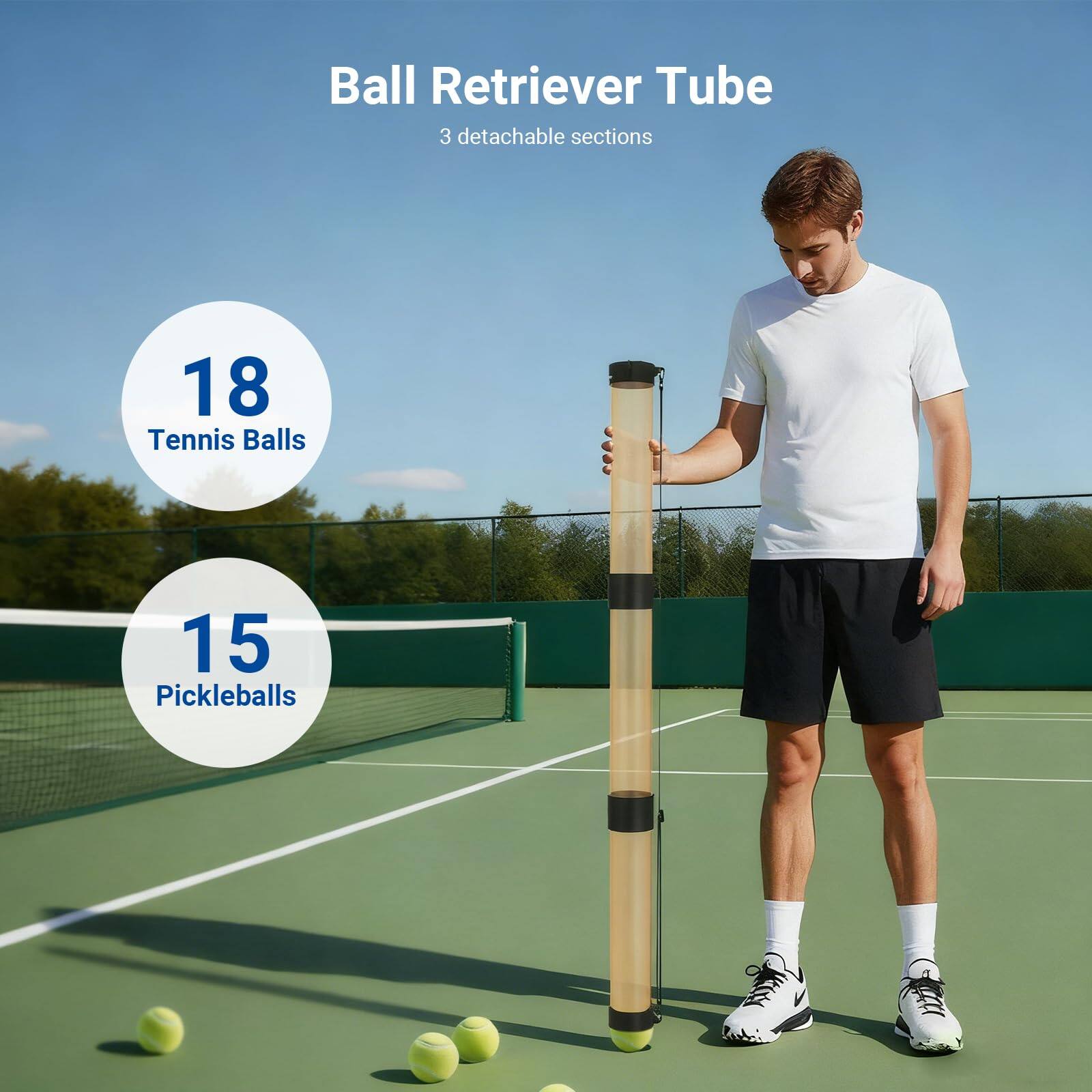 Ball Retriever Tube  
3 detachable sections  

18 Tennis Balls  
15 Pickleballs