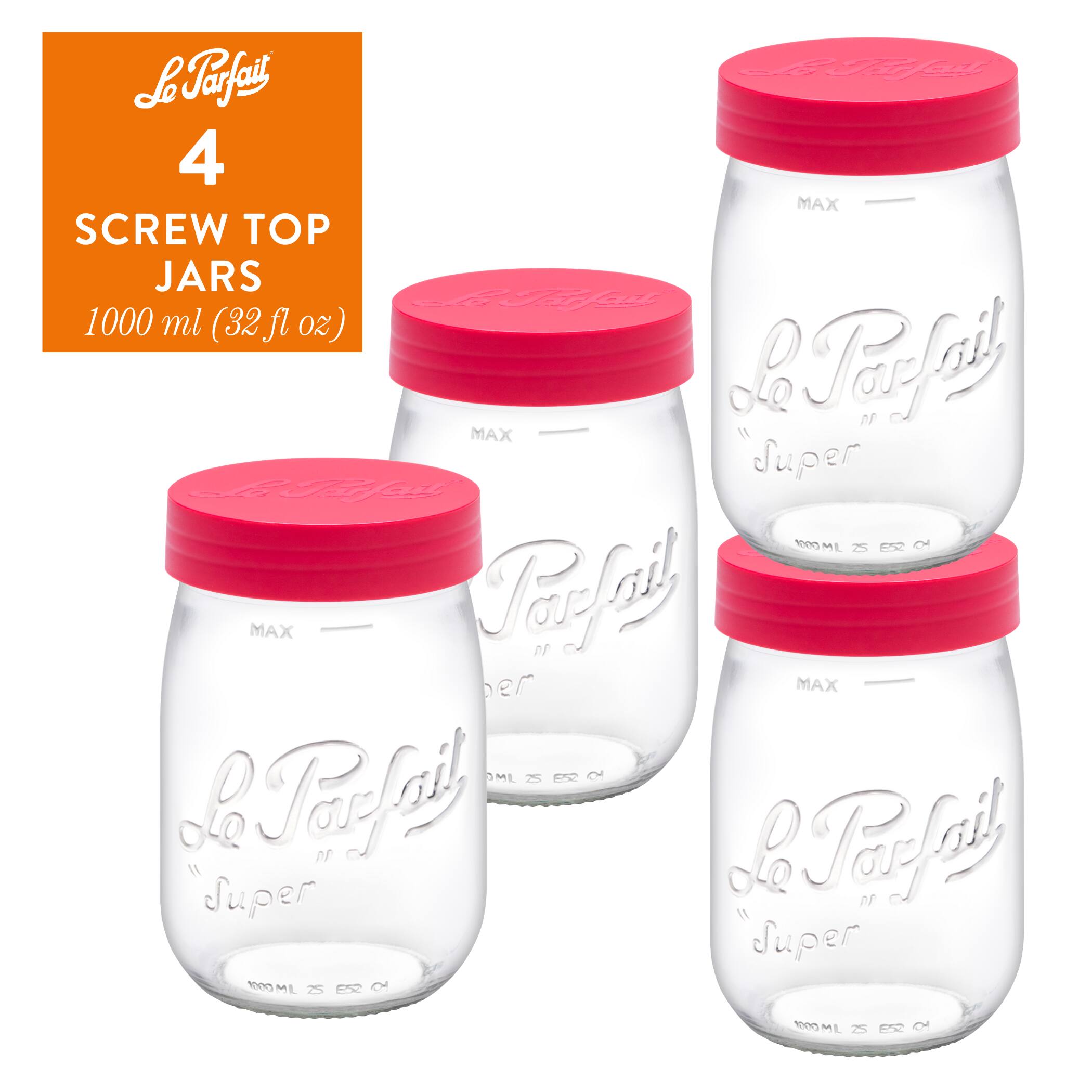 Le Parfait - Screw Top Jar - 1L Wide Mouth French Glass Canning Jar w/ Color Plastic Lid, 32oz/Quart (Pack of 4) - Red