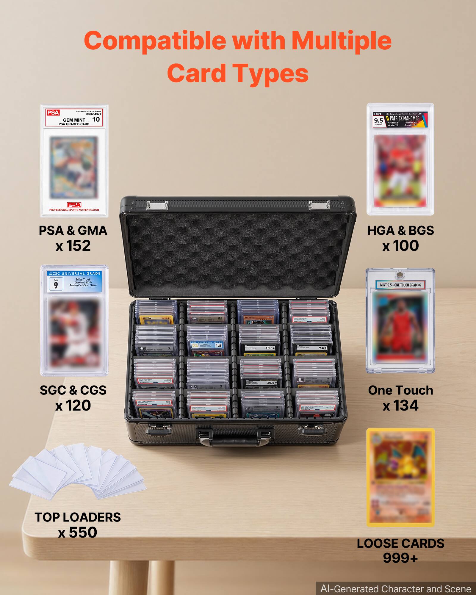 Compatible with Multiple Card Types

PSA & GMA x 152

HGA & BGS x 100

SGC & CGS x 120

One Touch x 134

TOP LOADERS x 550

LOOSE CARDS 999+

AI-Generated Character and Scene