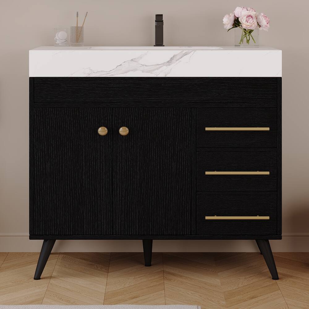Angle. Loheer - Loheer 36 inch freestanding bathroom vanity with integrated ceramic sink and faux marble top - Black, White.