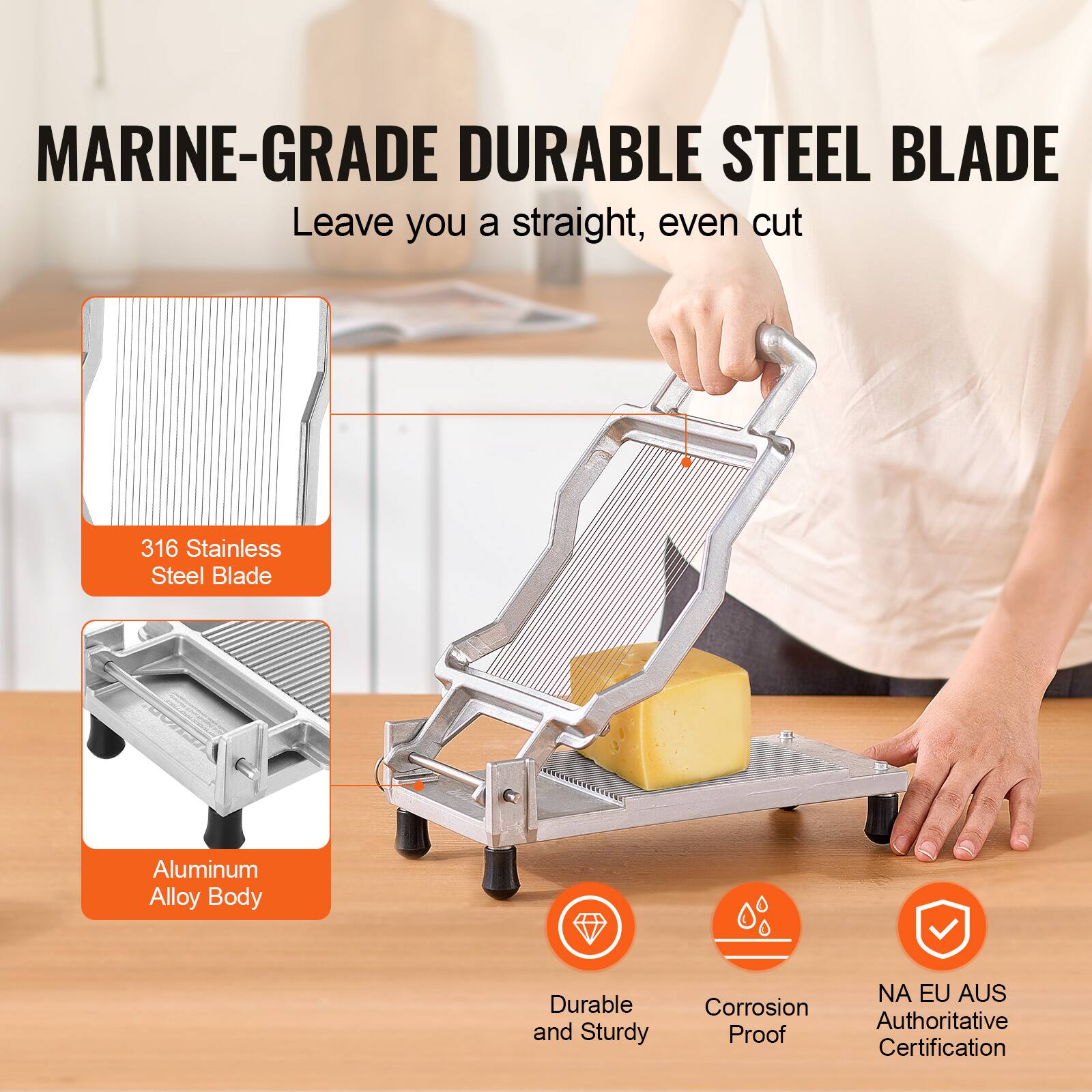 MARINE-GRADE DURABLE STEEL BLADE  
Leave you a straight, even cut  

316 Stainless Steel Blade  
Aluminum Alloy Body  

Durable and Sturdy  
Corrosion Proof  
NA EU AUS Authoritative Certification