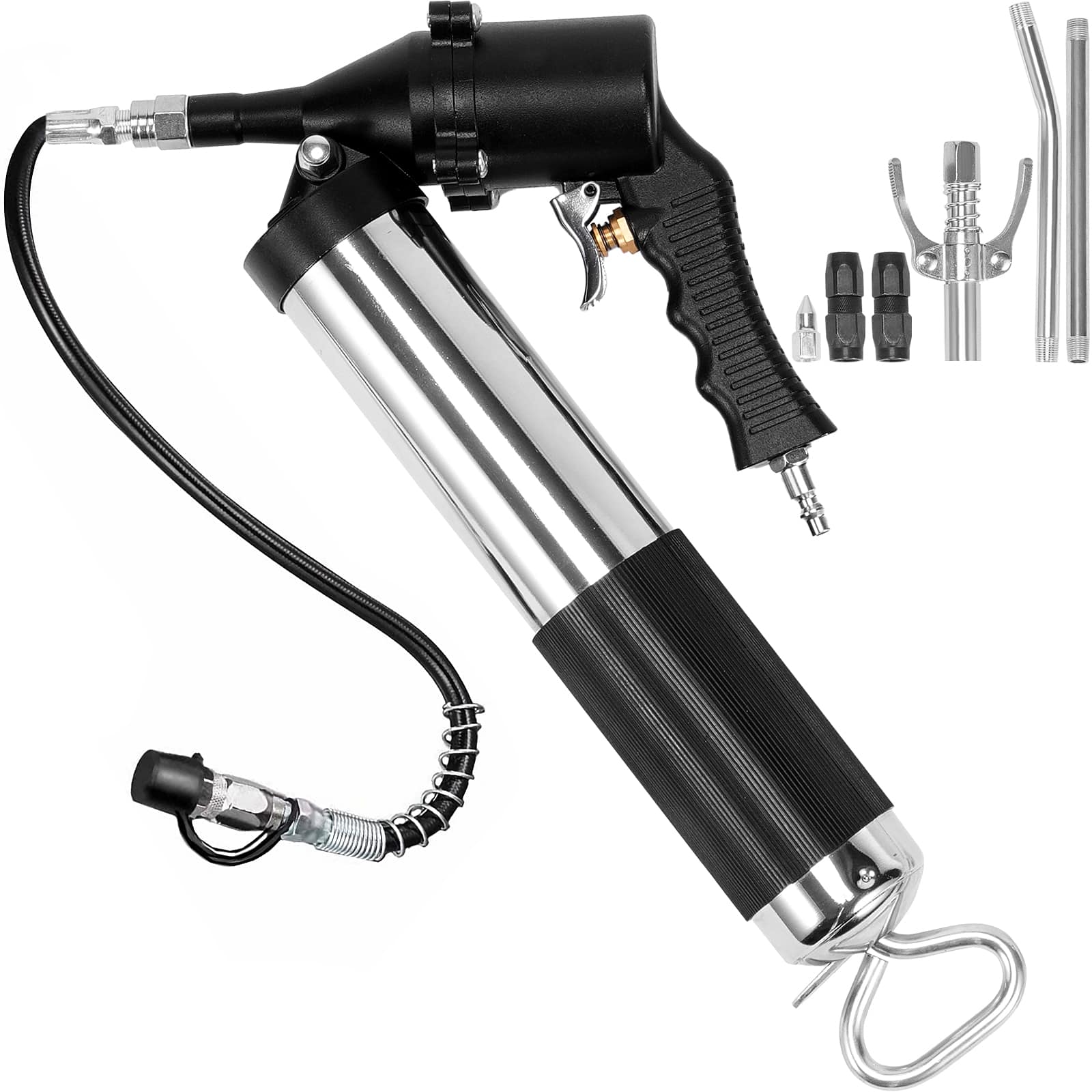 VEVOR - Grease Gun, 6000 PSI, Pistol Grip Grease Gun Kit Includes 18-Inch Flex Hose, Double Handle Grease Coupler - Black+Sliver