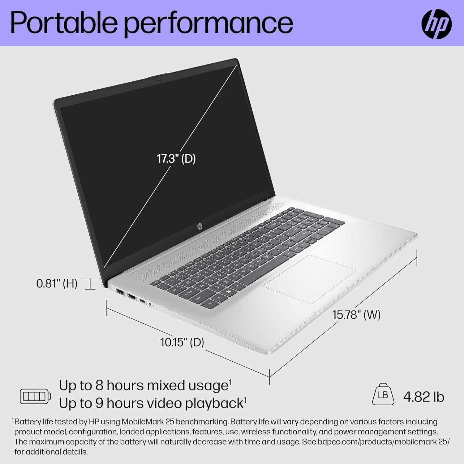 Portable performance

17.3" (D)  
0.81" (H)  
15.78" (W)  
10.15" (D)  
4.82 lb  

Up to 8 hours mixed usage¹  
Up to 9 hours video playback²  

¹Battery life tested by HP using MobileMark 25 benchmarking. Battery life will vary depending on various factors including product model, configuration, loaded applications, features, use, wireless functionality, and power management settings. The maximum capacity of the battery will naturally decrease with time and usage. See bapco.com/products/mobilemark-25/ for additional details.