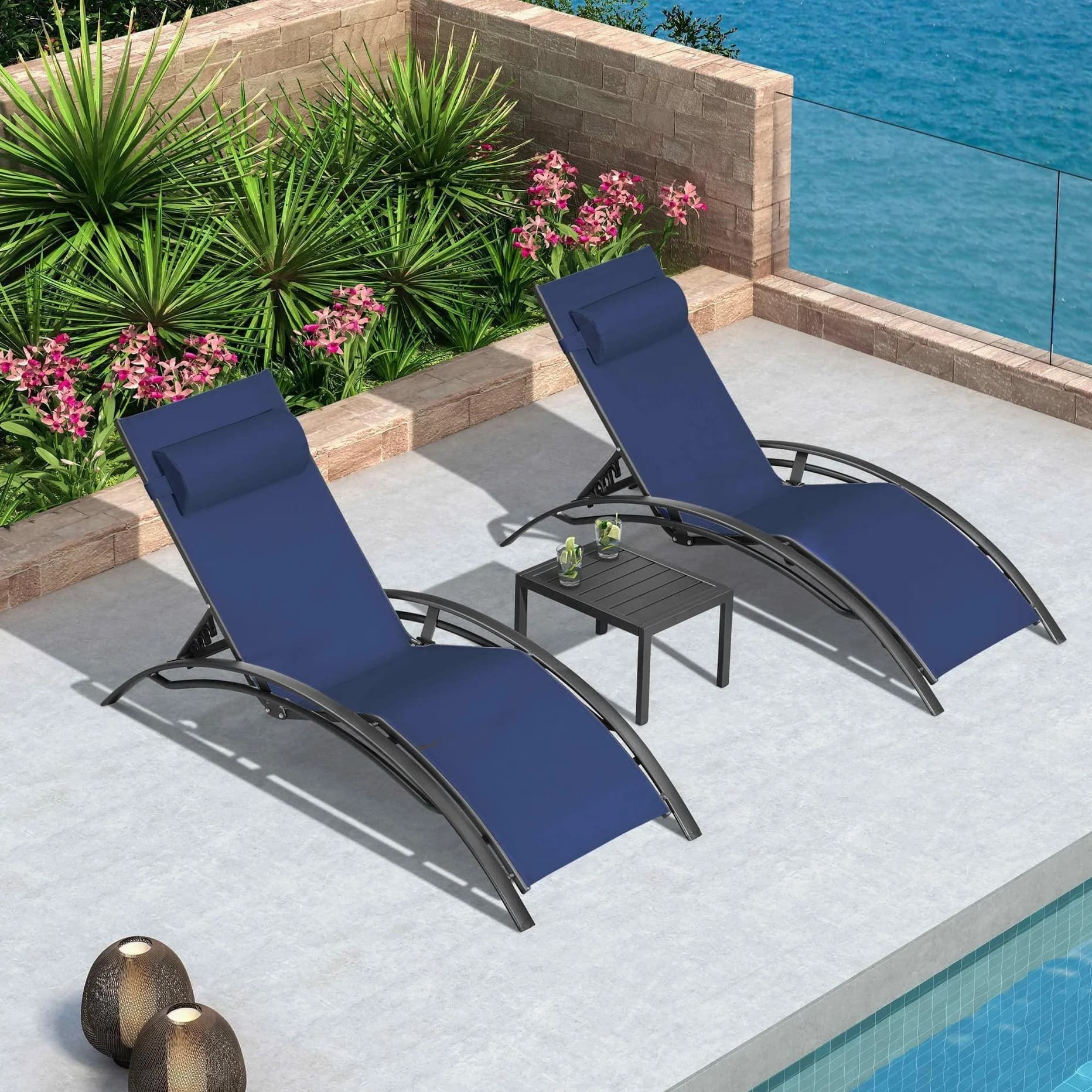 Front. PURPLE LEAF - 3-Pieces Aluminum Outdoor Chaise Lounge Patio Lounge Chair with Side Table, Navy Blue - Navy Blue.