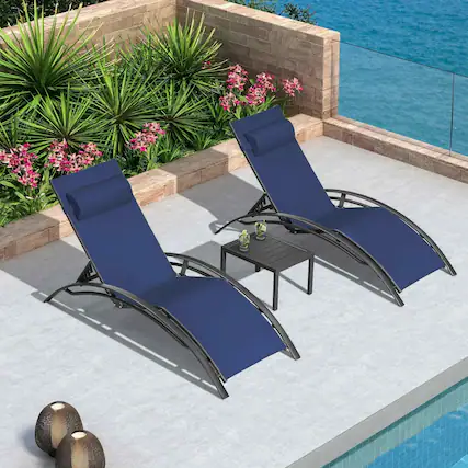 Front. PURPLE LEAF - 3-Pieces Aluminum Outdoor Chaise Lounge Patio Lounge Chair with Side Table, Navy Blue - Navy Blue.