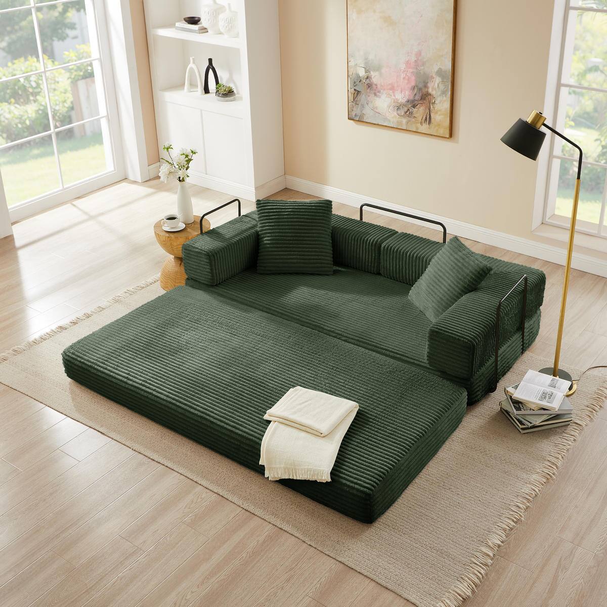 Alt View 2. Meqiodas - 81''Convertible Sofa Bed, Folding Floor Couch with Square Armrest, Comfy Sleeper Mattress for Living Room - Green.