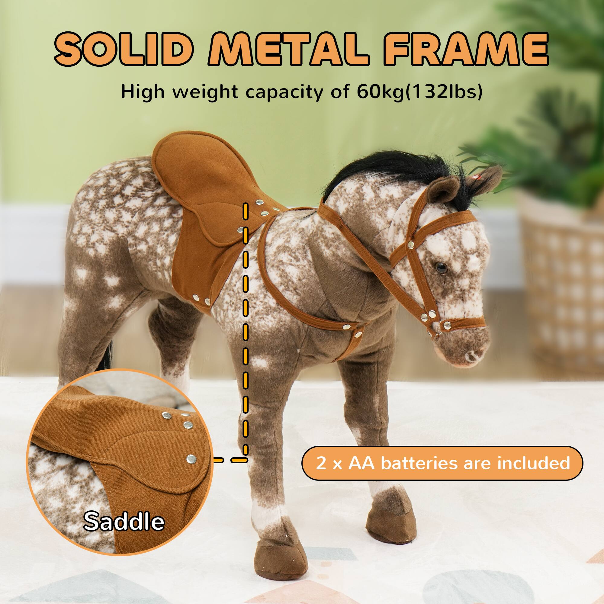 SOLID METAL FRAME  
High weight capacity of 60kg (132lbs)  

2 x AA batteries are included  

Saddle