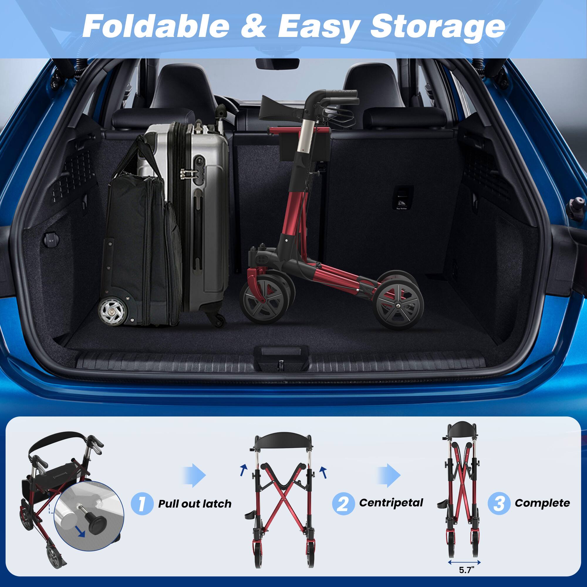 Foldable & Easy Storage

1. Pull out latch
2. Centripetal
3. Complete

5.7"