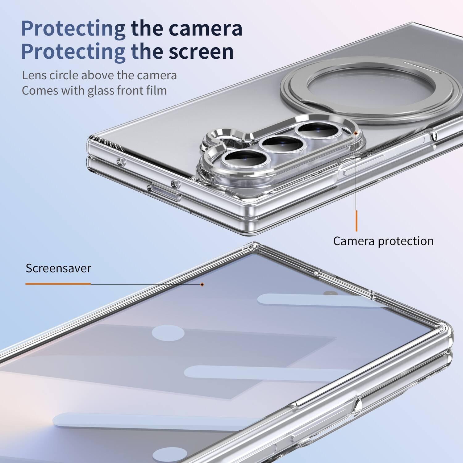 Protecting the camera  
Protecting the screen  
Lens circle above the camera  
Comes with glass front film  

Screensaver  

Camera protection