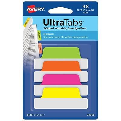 AVERY UltraTabs
48 REPOSITIONABLE TABS
2-Sided Writable, Smudge-Free
MARGIN Slimmer body fits within page margin
SIZE: 2.5" x 1"
74865