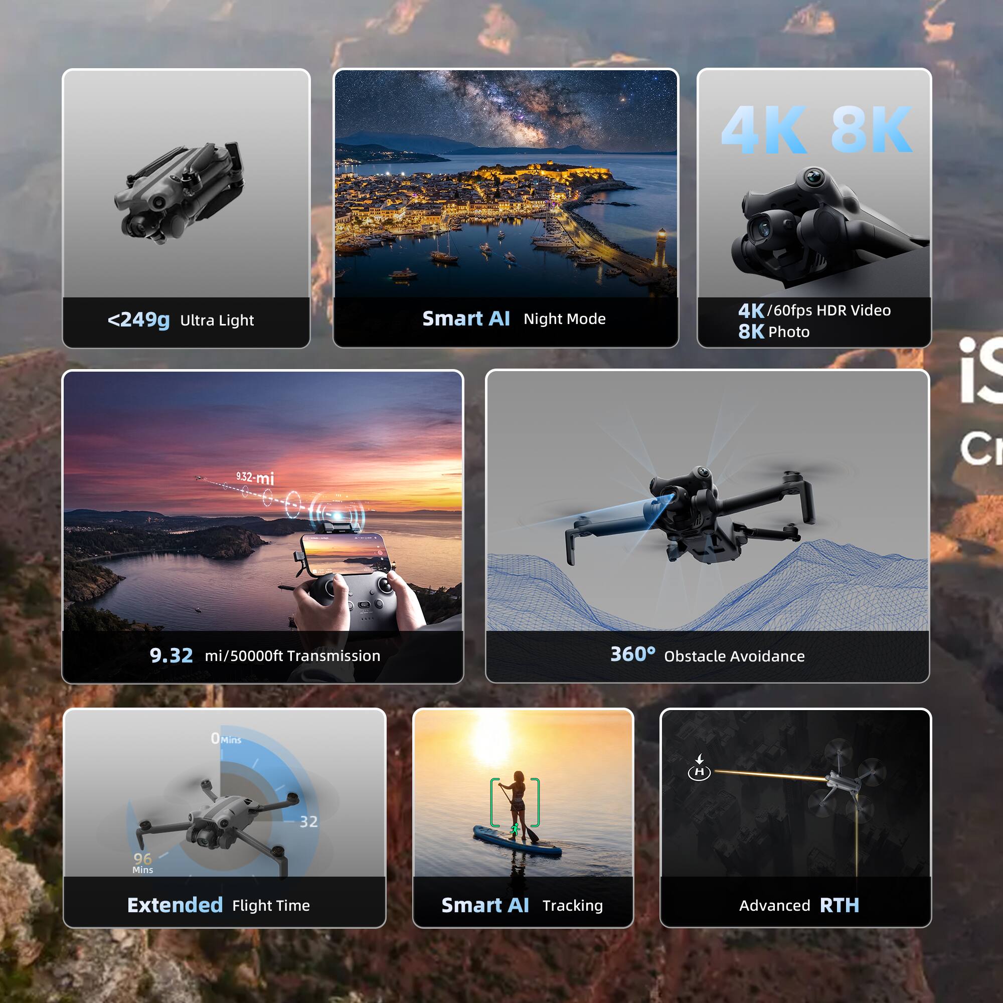 - <249g Ultra Light
- Smart AI Night Mode
- 4K / 60fps HDR Video
- 8K Photo
- 9.32 mi / 50000ft Transmission
- 360° Obstacle Avoidance
- Extended Flight Time: 32 Mins
- Smart AI Tracking
- Advanced RTH