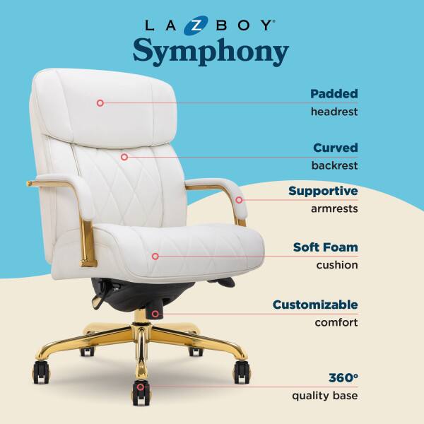 LA-Z-BOY Symphony  
Padded headrest  
Curved backrest  
Supportive armrests  
Soft Foam cushion  
Customizable comfort  
360° quality base