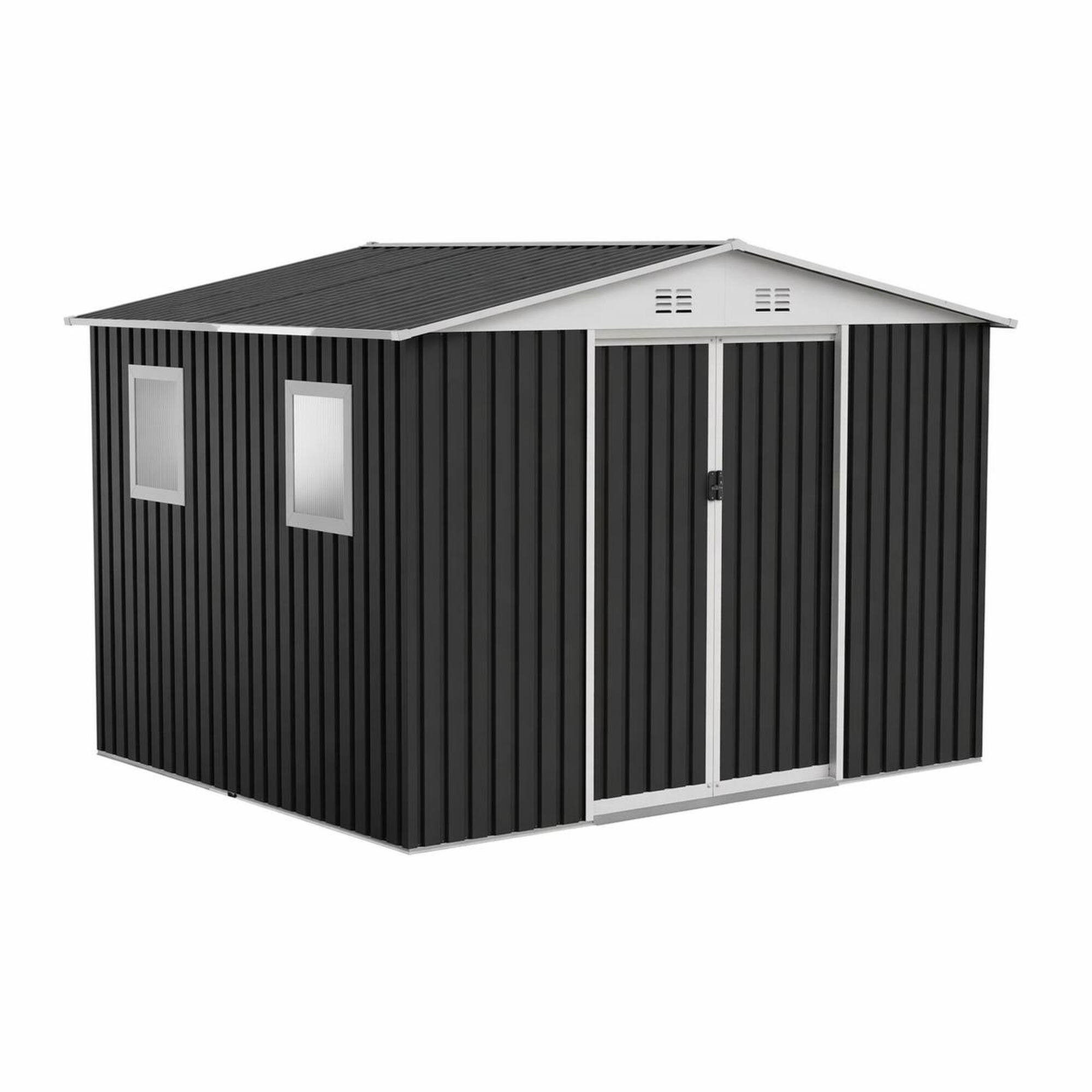 Front. RYHNUYNE - 10x8 ft Steel Shed Sliding Door 4 Windows Apex Roof Lockable Utility Building - Grey.
