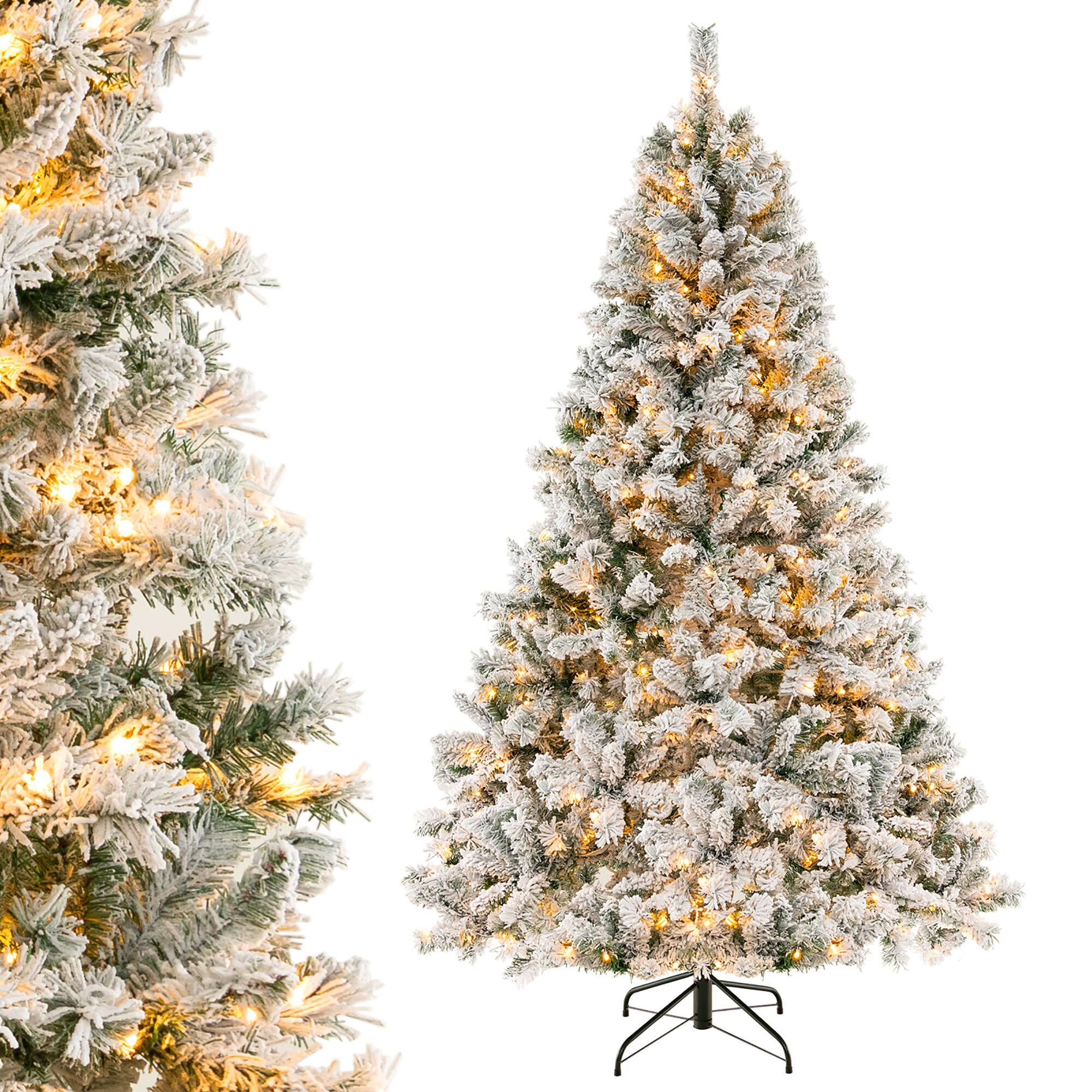 Alt View 9. Gymax - Gymax 7 FT Pre-Lit Snow-Flocked Xmas Tree 3-Minute-Setup Artificial Hinged Christmas Tree - Green, White.