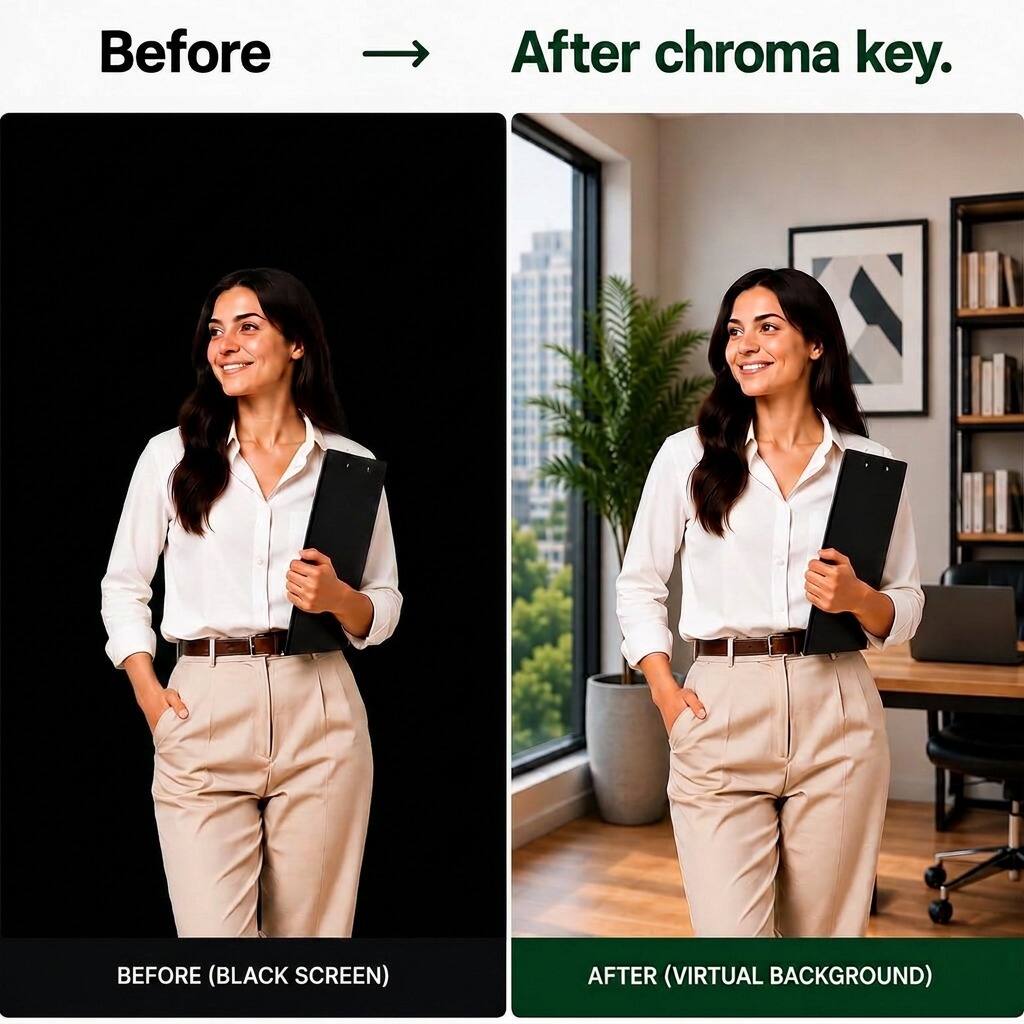 Before  
After chroma key.  

BEFORE (BLACK SCREEN)  
AFTER (VIRTUAL BACKGROUND)