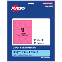 Avery - Printable Round Labels, Bright 2.5" Diameter, 90ct - Pink