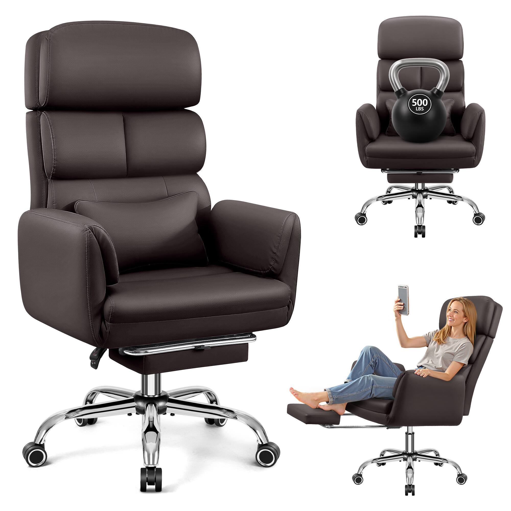 Alt View 10. Brick Attic - 500LBS Leather Executive Office Chair, Reclining Swivel Criss Cross Chair with Armrests, High Back and Lumbar Support - Coffee Brown.