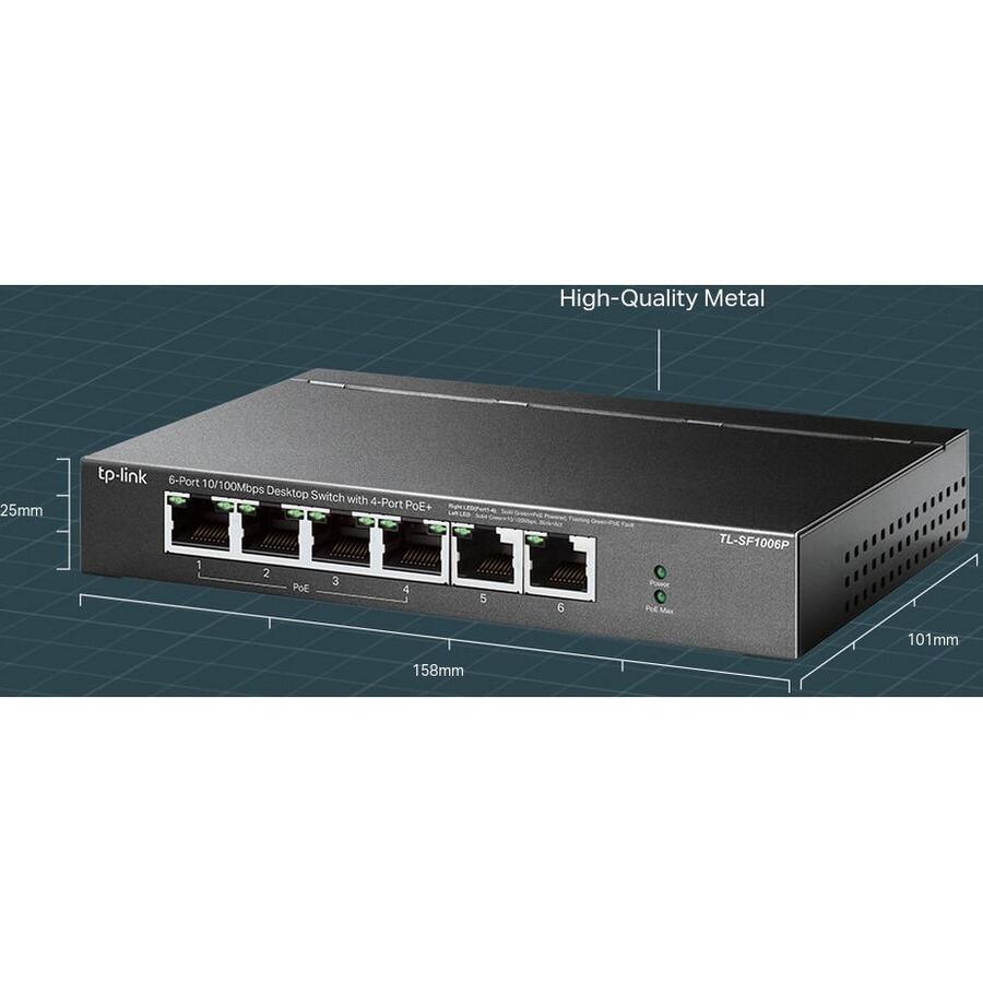 High-Quality Metal  
tp-link 6-Port 10/100Mbps Desktop Switch with 4-Port POE+  
TL-SF1006P  
Dimensions: 101mm x 158mm x 25mm