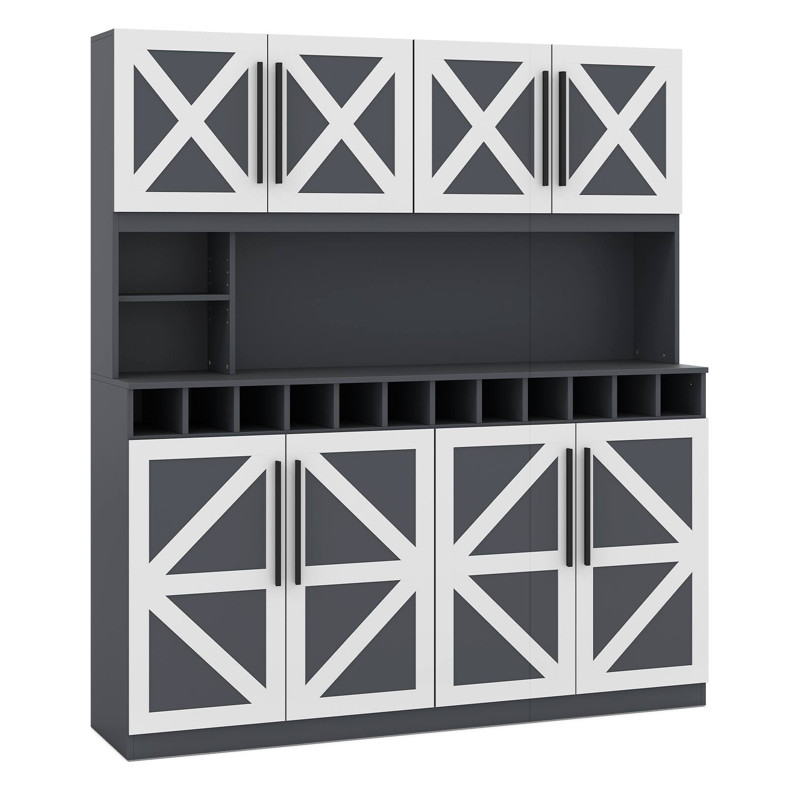 Alt View 9. Gymax - Gymax 63'' Wide Kitchen Buffet Hutch w/4 Cabinets 2 Open Shelves & 12-Bottle Wine Rack Dark Gray - Grey.