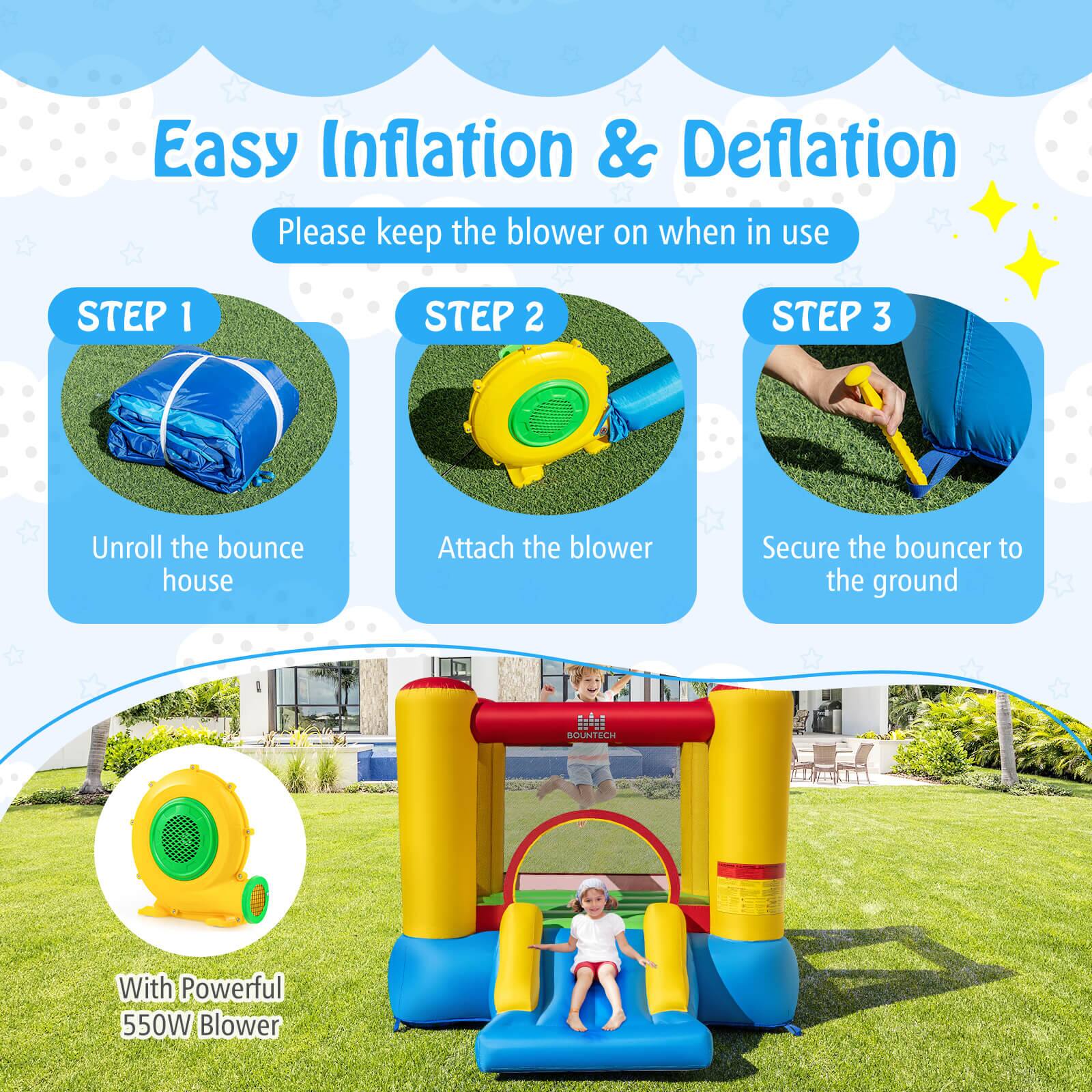 Easy Inflation & Deflation  
Please keep the blower on when in use  

STEP 1  
Unroll the bounce house  

STEP 2  
Attach the blower  

STEP 3  
Secure the bouncer to the ground  

With Powerful 550W Blower