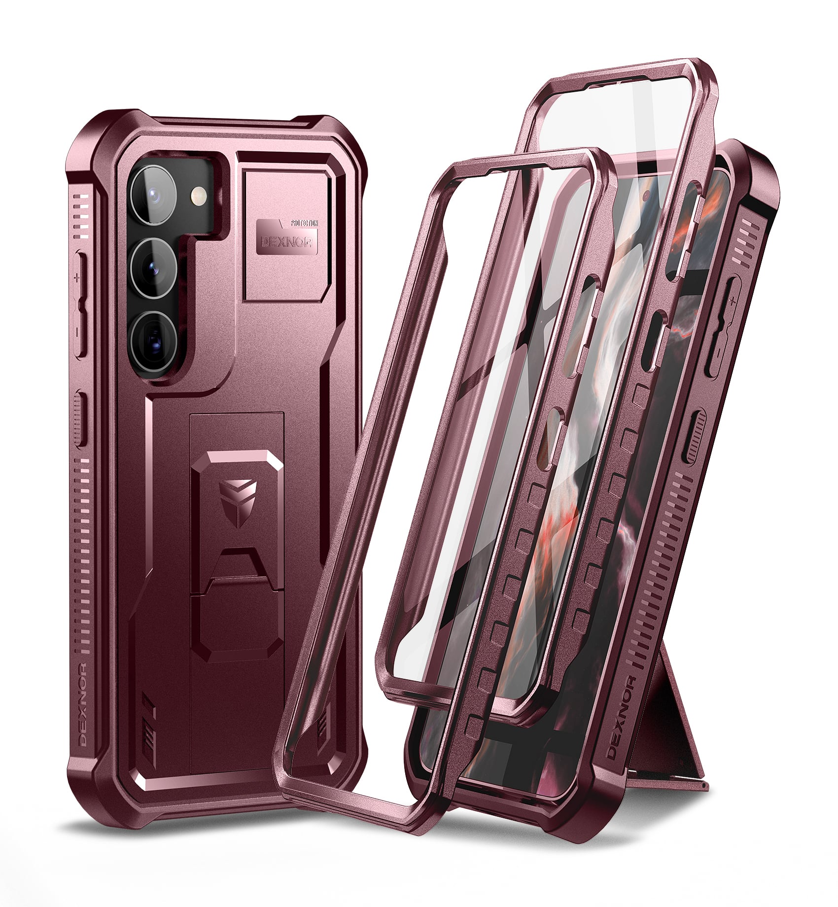 Dexnor - Protective Case for Samsung Galaxy S23,Military Grade Protection Built-in Screen Protector and Kickstand - Maroon Red
